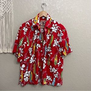 Hawaiian shirt M Bali island Red Surfboard Uluwatu Hibiscus Vibrant Rayon Beach